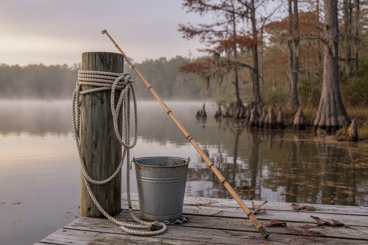 A simple rope stringer coiled on a dock post by the pond